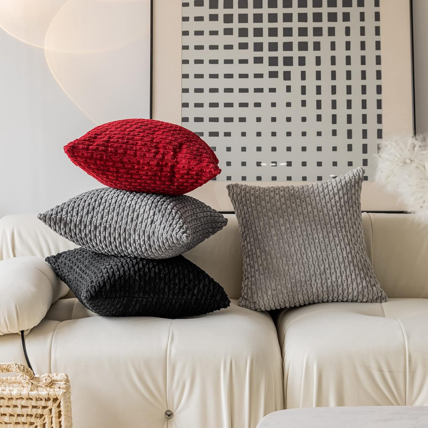 Holzlrgus Throw Pillow Cover Striped Pattern Decorative Soft Corduroy Cushion Covers Stripes for Living Room, Set of 2, 18x18 Inch, Dark Grey