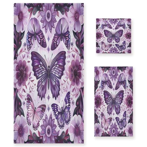 BZSMCE 3piece Bath Towel Sets Hand Bath Towels Fashion Purple Blossoms and Butterflies Printed Towel Sets