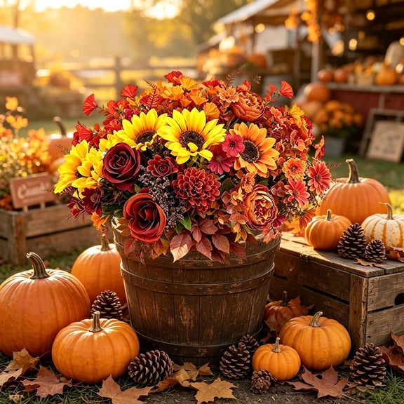 Artificial Sunflower Bouquet, Fall Floral Centerpiece for Thanksgiving Table Decor, Faux Rose and Rustic Farmhouse Flowers for Home