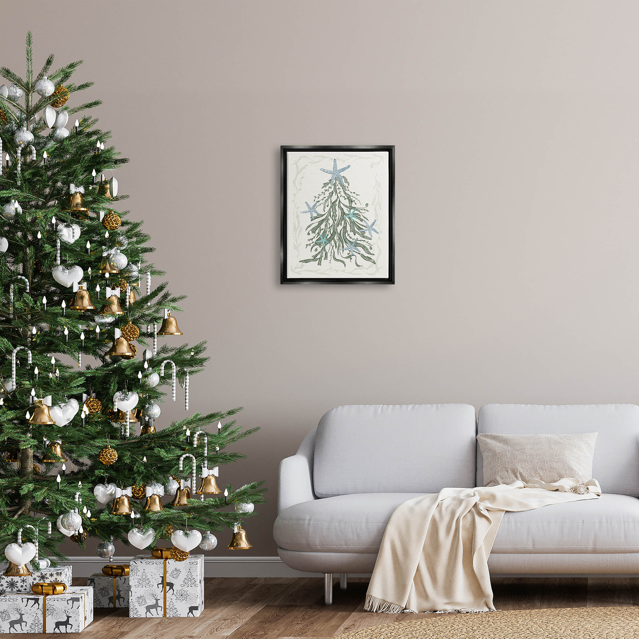 Nautical Christmas Tree Sea Life Holiday Graphic Art Jet Black Framed Art Print Wall Art