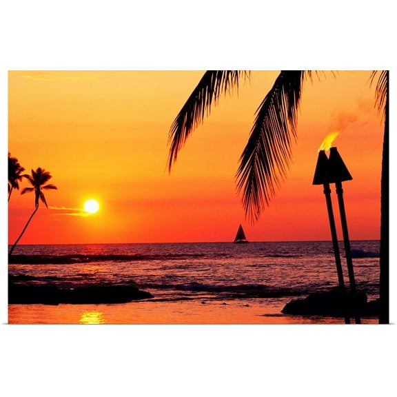 Great BIG Canvas | Rolled Chris Abraham Poster Print entitled Hawaii, Big Island, Kohala, Waiulua Bay, Sunset With Palm Trees, Sailboat, And
