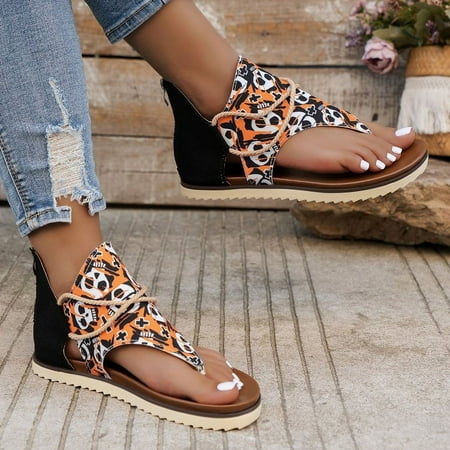 

SHYBNM 2024 Women s Sunflower Printed Flat Sandals Open Toe Back Zipper Thong Canvas Shoes Casual Anti-skid Sandals