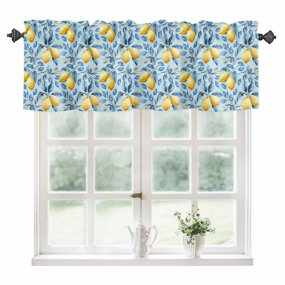 Yellow Lemon Kitchen Valances for Windows 42x12 Inch Kitchen Curtains Valances Rod Pocket Blue Leaves Summer Fruit Watercolor Bathroom Window Valances for Window Treatment Decor