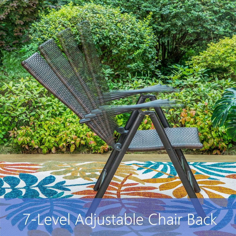 MF Studio 2 Piece Outdoor Wicker Folding Chairs with 7 Level Adjustable High Back Dark Brown