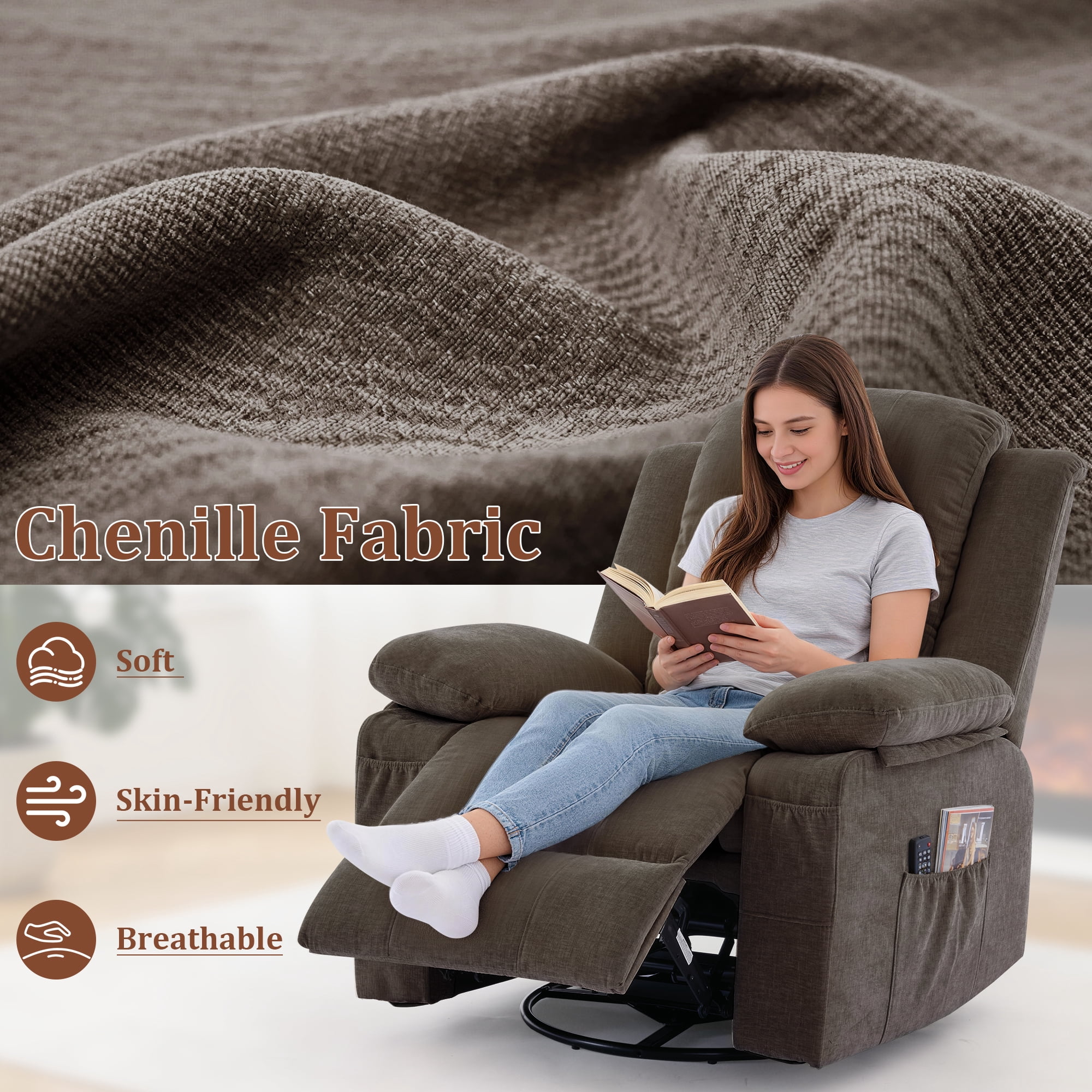 GEEYOO Swivel Rocker Recliner Chair with Massage and Heat Glider Recliner for Adults with Side Pockets Chenille for Living Room,Brown