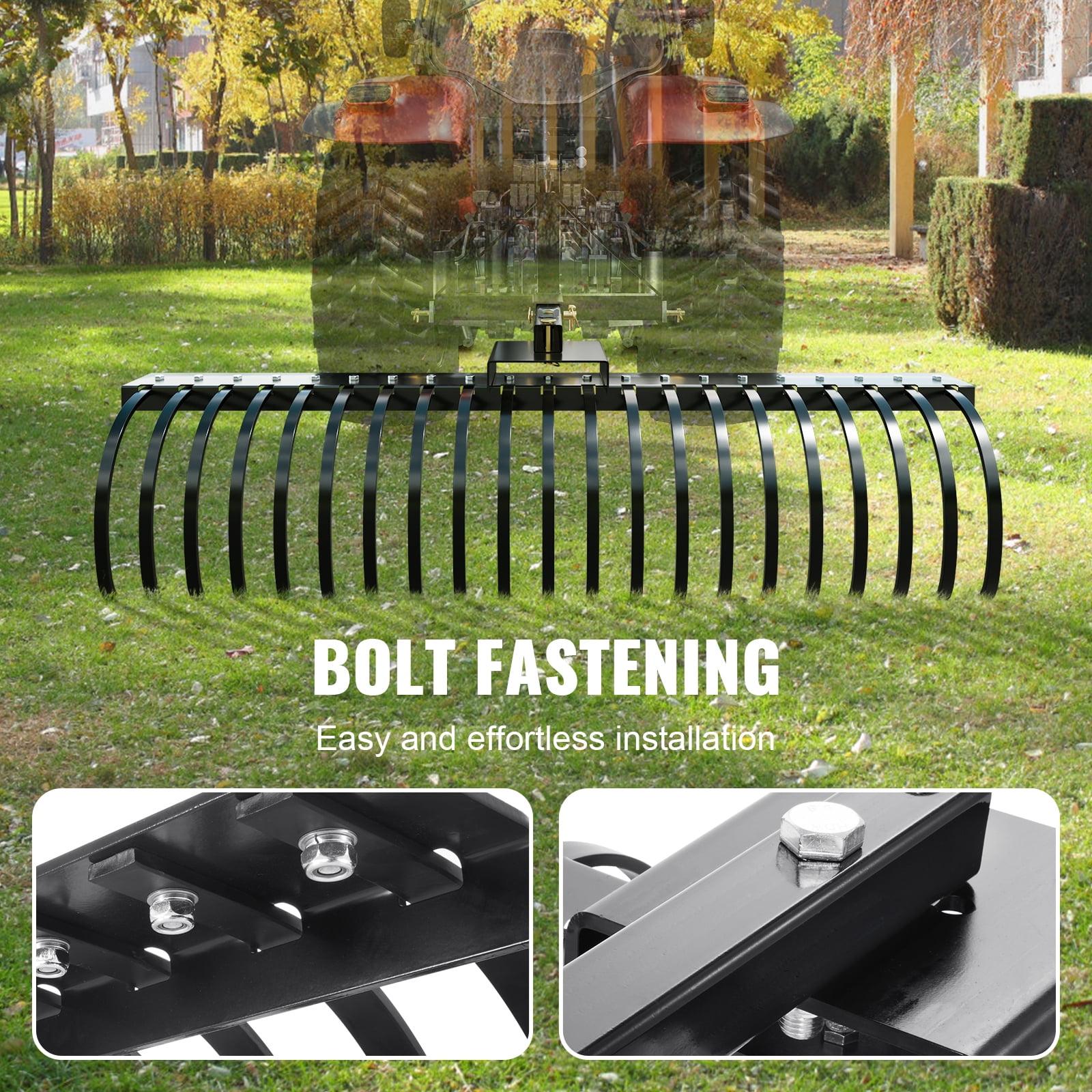 KFFKFF Landscape Rake, 60" Tow-Behind Dethatcher, Equipped with 21 Durable Steel Tines, Compatible with 48" or 60" Toolbars & 3-Point Hitch Systems, Ideal for Collecting Leaves