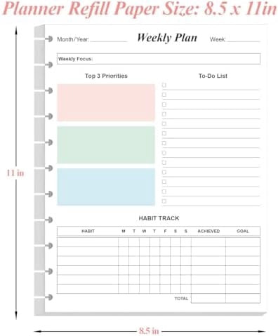 Weekly Planner Undated Refills - Letter Size 53 Sheets/106 Pages Colorful Weekly Planner for 11-Disc Discbound, TUL, 100 gsm White Paper, Lasts 1 Year, Undated, 8.5" x 11"