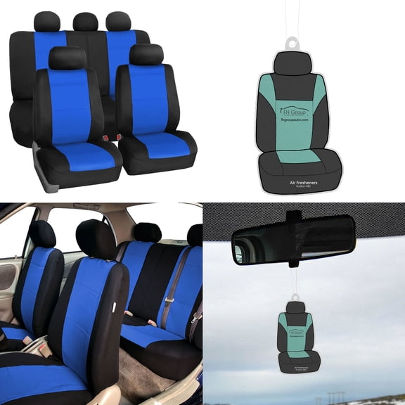 FH Group Neoprene Seat Covers for Auto Car Sedan SUV Van Full Set Blue Black with Free Air Freshener
