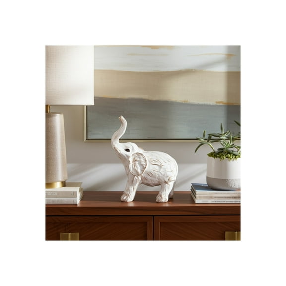 Resin Elephant Figurine - Handcrafted Polyresin Home Decor Statue - Rustic Casual Style for Living Room, Bedroom, Office - Elegant Accent Sculpture - 11" White