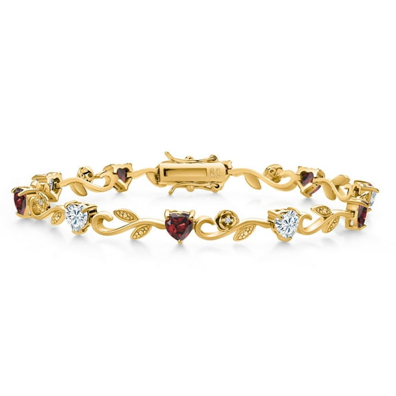 Gem Stone King 18K Yellow Gold Plated Silver Heart Shape White Moissanite Red Garnet and Round White Lab Grown Diamond Greek Vine Flower Tennis Bracelet for Women (5.14 Cttw, 7.5 inch)