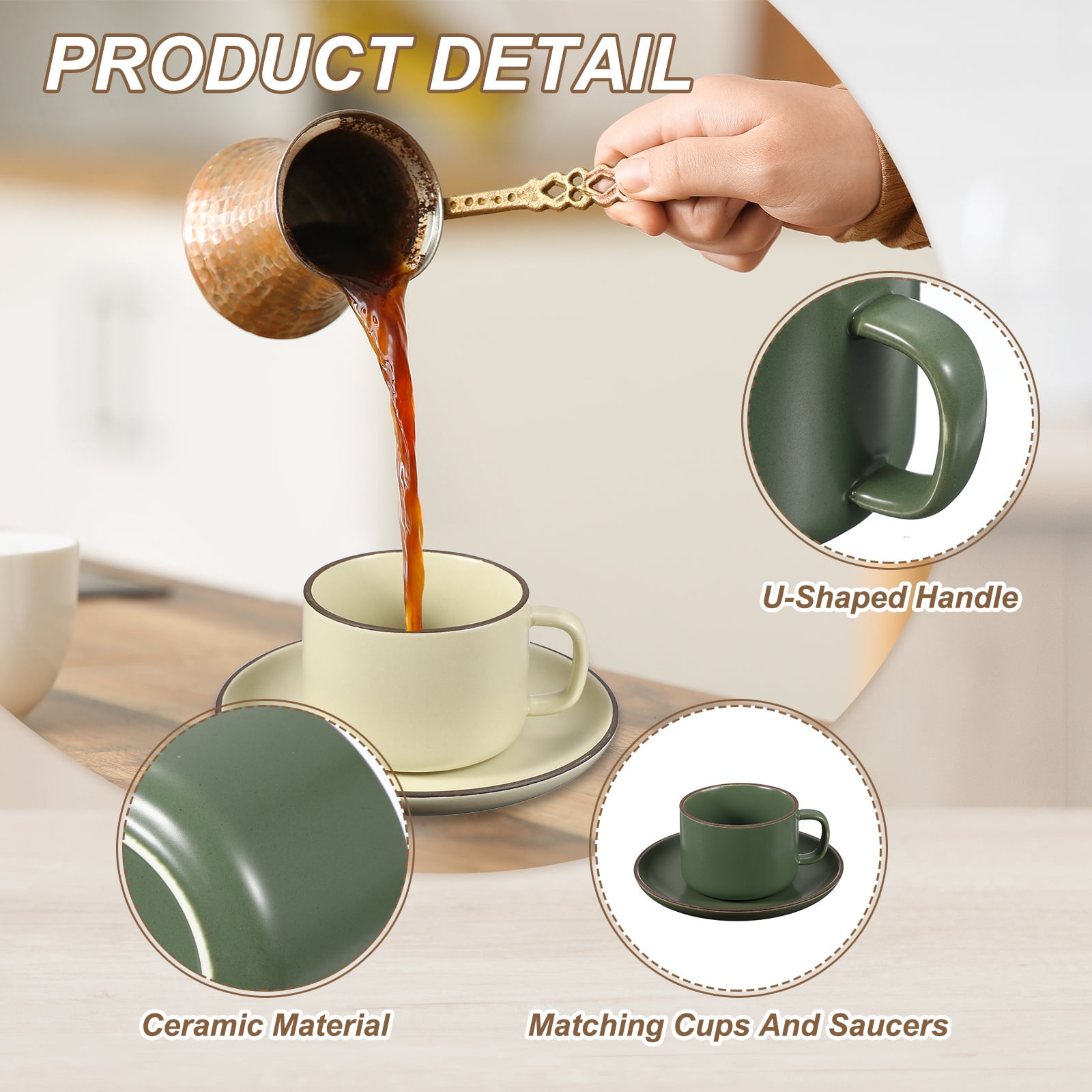 Uxcell Handmade Vintage Espresso Cups, 8 oz Coffee Cups and Saucers Ceramic Tea Cup with Handle Dishwasher and Microwave Safe for Latte Cappuccino Milk Office Home Gifts, Pure Dark Green