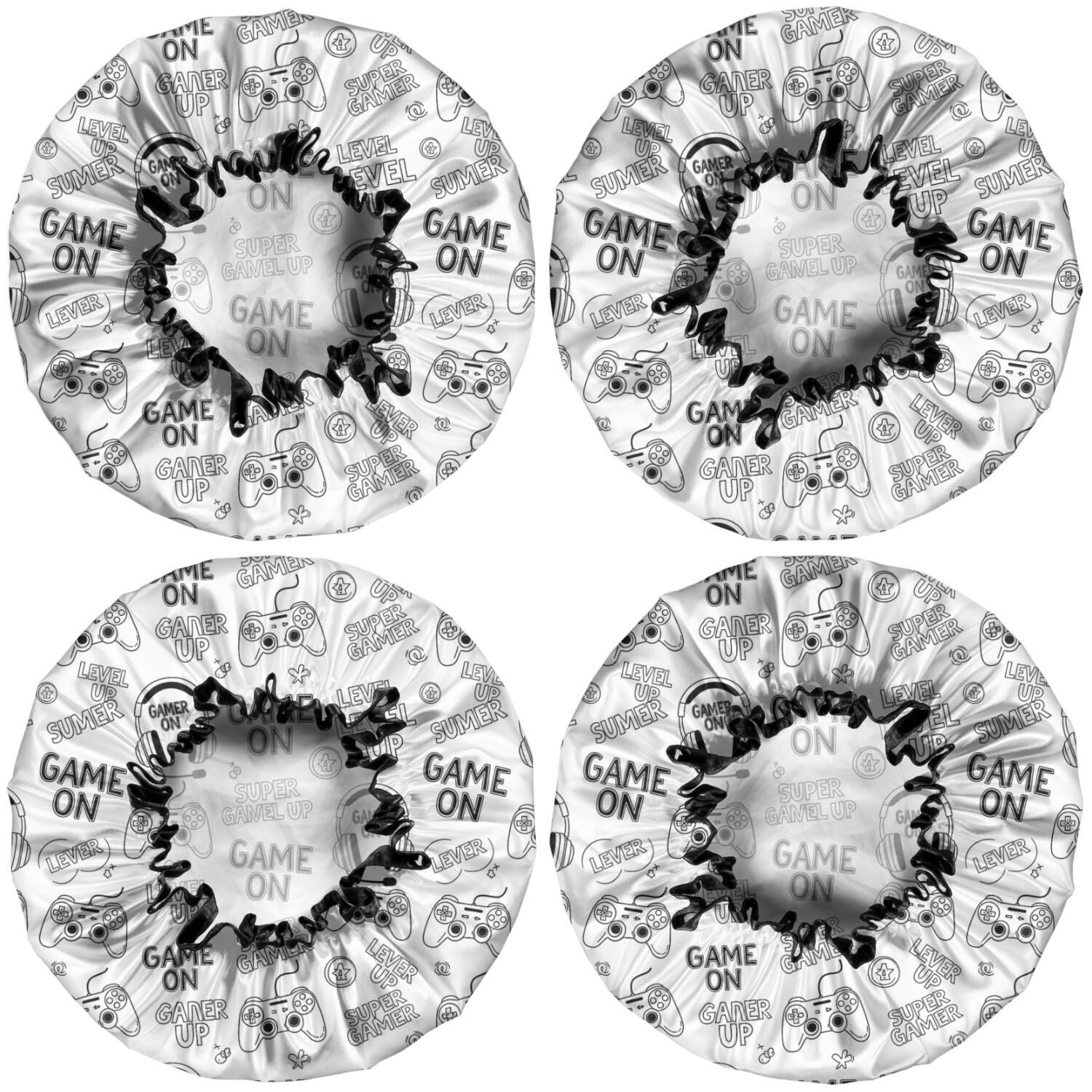 Shower Caps,Black Controllers Games Icons White Pattern Waterproof Shower Cap for Women 4 Pieces,Double Reusable Hair Cover for Shower PEVA Elastic Stretch Hem