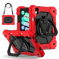 Hybrid Shockproof 360 Rotating Stand With Hand Strap and Shoulder Strap Kids Case For Apple iPad Mini 6 & iPad Mini 7 A2993/A2995/A2996/A2567/A2568/A2569,Red&Black