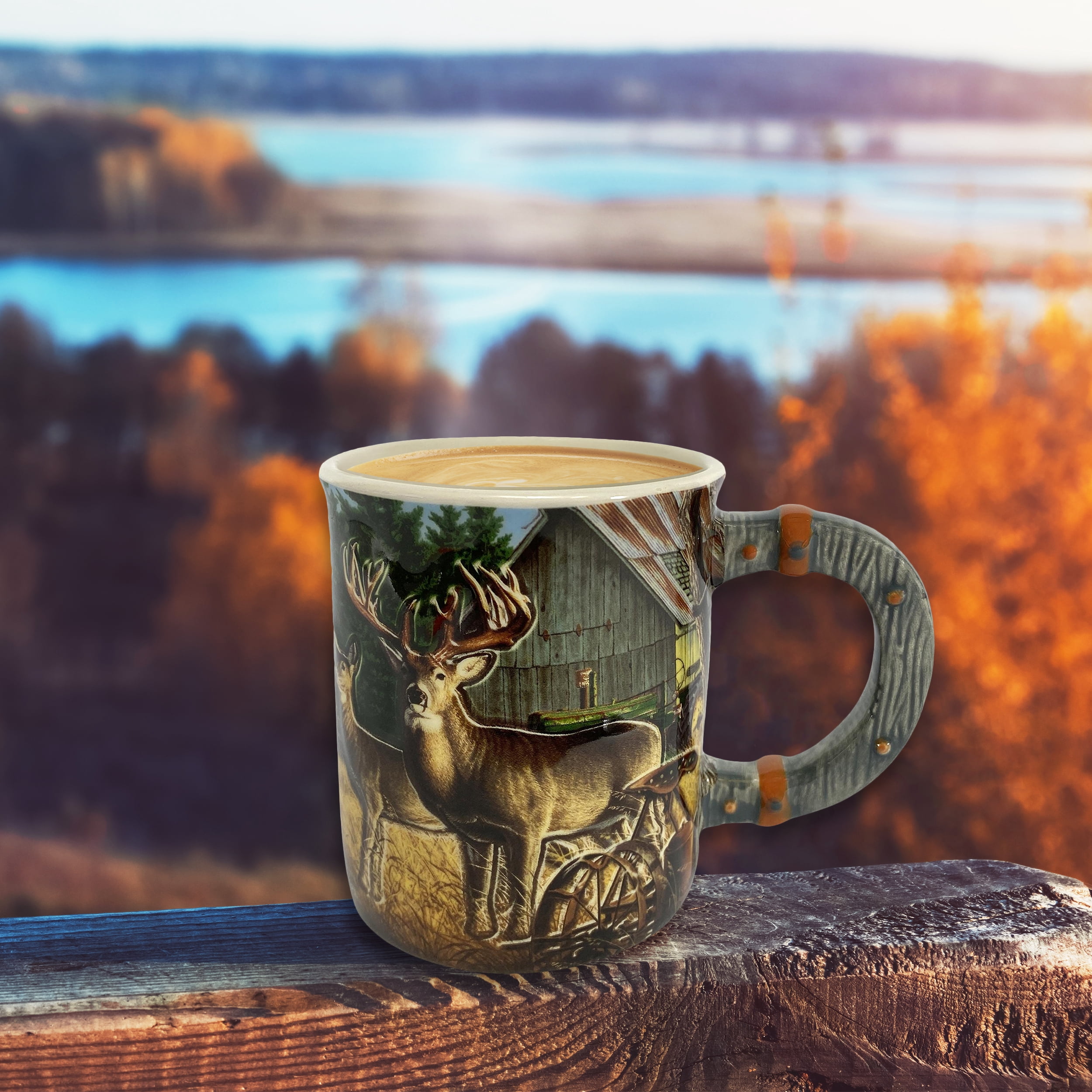 Rivers Edge Products Whitetail Deer 3D Ceramic Coffee Mug with Handle, 15 Ounces, Espresso Cups and Coffee Cups Ceramic, Perfect for Coffee, Expresso, Latte, or Tea, Deer on Farm