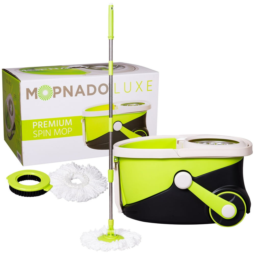 MOPNADO Deluxe Stainless Steel Rolling Spin Mop System 2 Replacement Microfiber Mop Heads