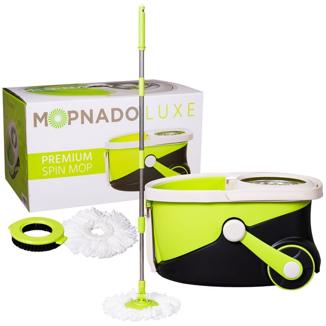 MOPNADO – Deluxe Stainless Steel Rolling Spin Mop System - 2 Replacement Microfiber Mop Heads and Brush Attachment – Walkable with Wheels - Perfect For All Floor Types - Home and Commercial Use