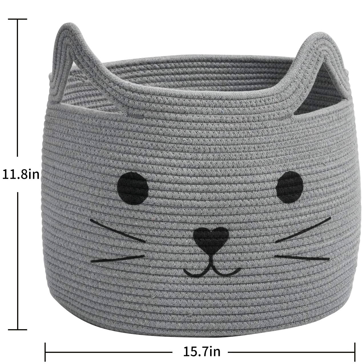 Timeyard Animal Baskets Large Woven Cotton Rope Storage with Cute Cat Design Laundry Organizer for Towels, Blanket, Toys, Clothes, Gifts – Cat Toy Box Pet or Baby Gift Baskets