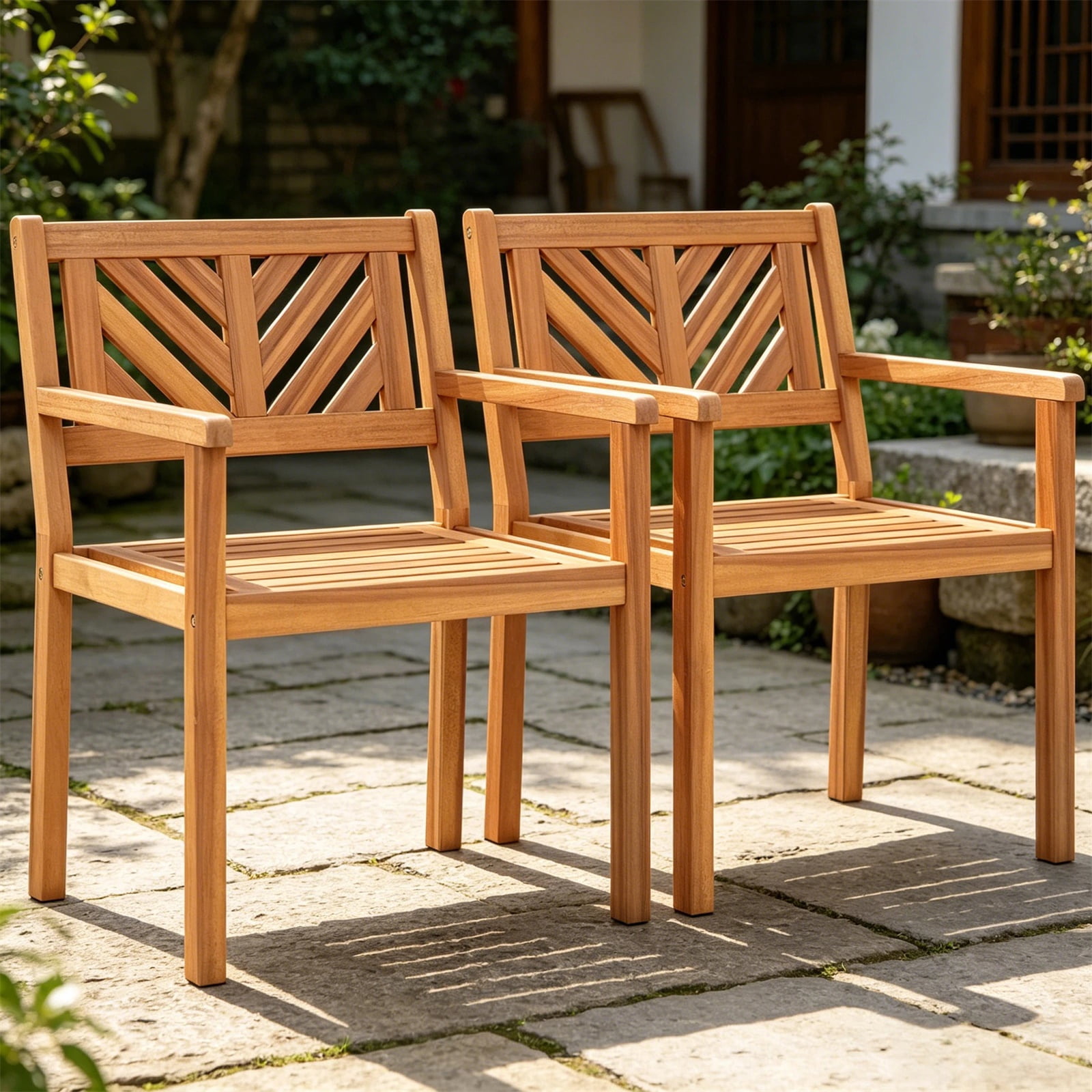 Hommoo Modern Wooden Patio Dining Chair Set of 2, Outdoor Garden Slatted Chair, Natural