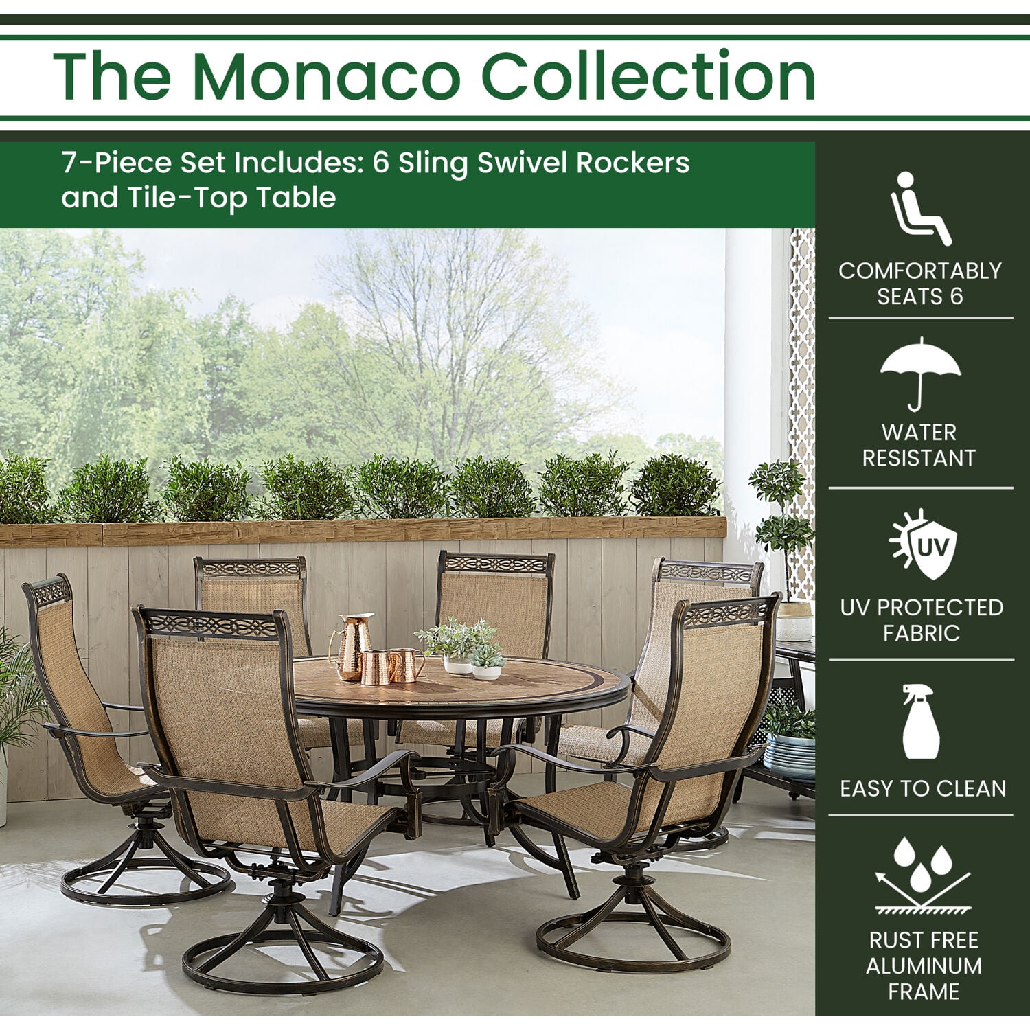 Hanover Monaco 7 Piece Outdoor Patio Dining Set 6 Sling Swivel