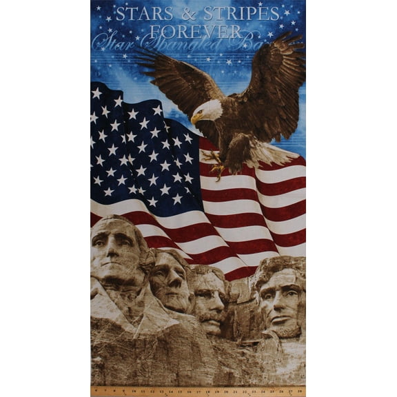 23.5" X 44" Panel Mount Rushmore American Flag Bald Eagle USA Patriotic Stars & Stripes Forever Fourth of July Independence Day Cotton Fabric Panel (39384-49NAVY)