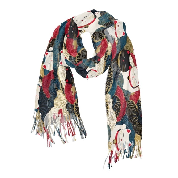 FORMRS Womens Scarf Winter Soft Long Big Warm Shawls Wrap Tassel Scarves, White Lucky Cat
