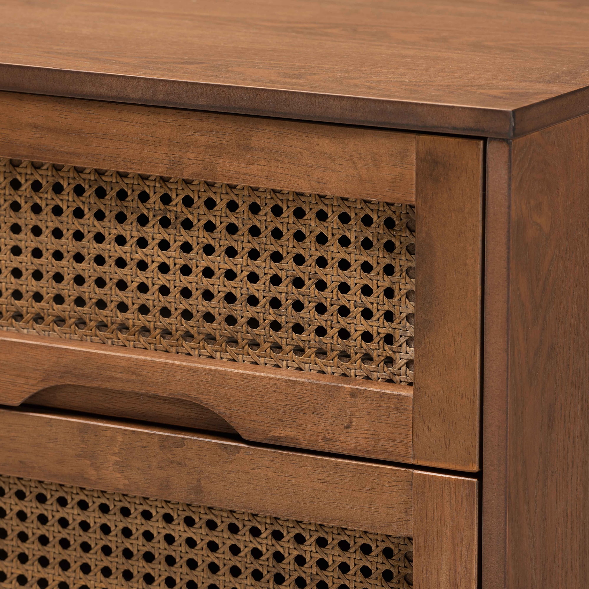 Baxton Studio Barrett Mid-Century Modern Walnut Brown Finished Wood and Synthetic Rattan 2-Drawer Nightstand