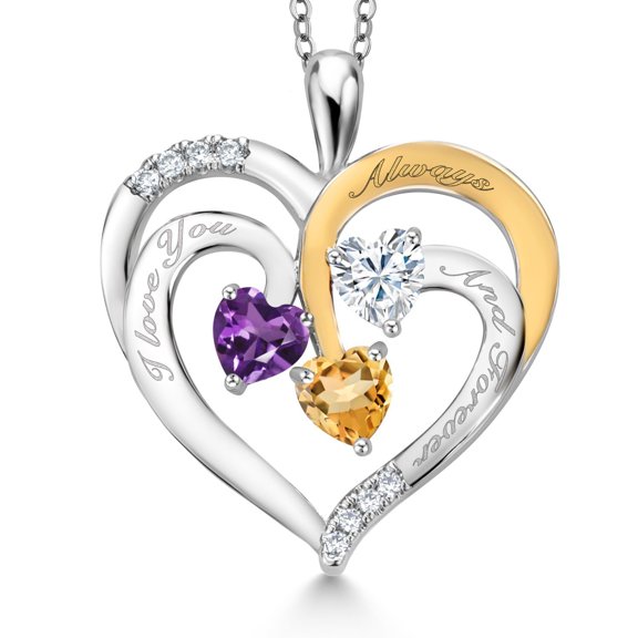 Gem Stone King Two Tone Purple Amethyst White Moissanite Yellow Citrine `I love you always and forever` Engraved Pendant Necklace for Women (1.30 cttw, Heart Shape 5MM, 18 inch Chain)