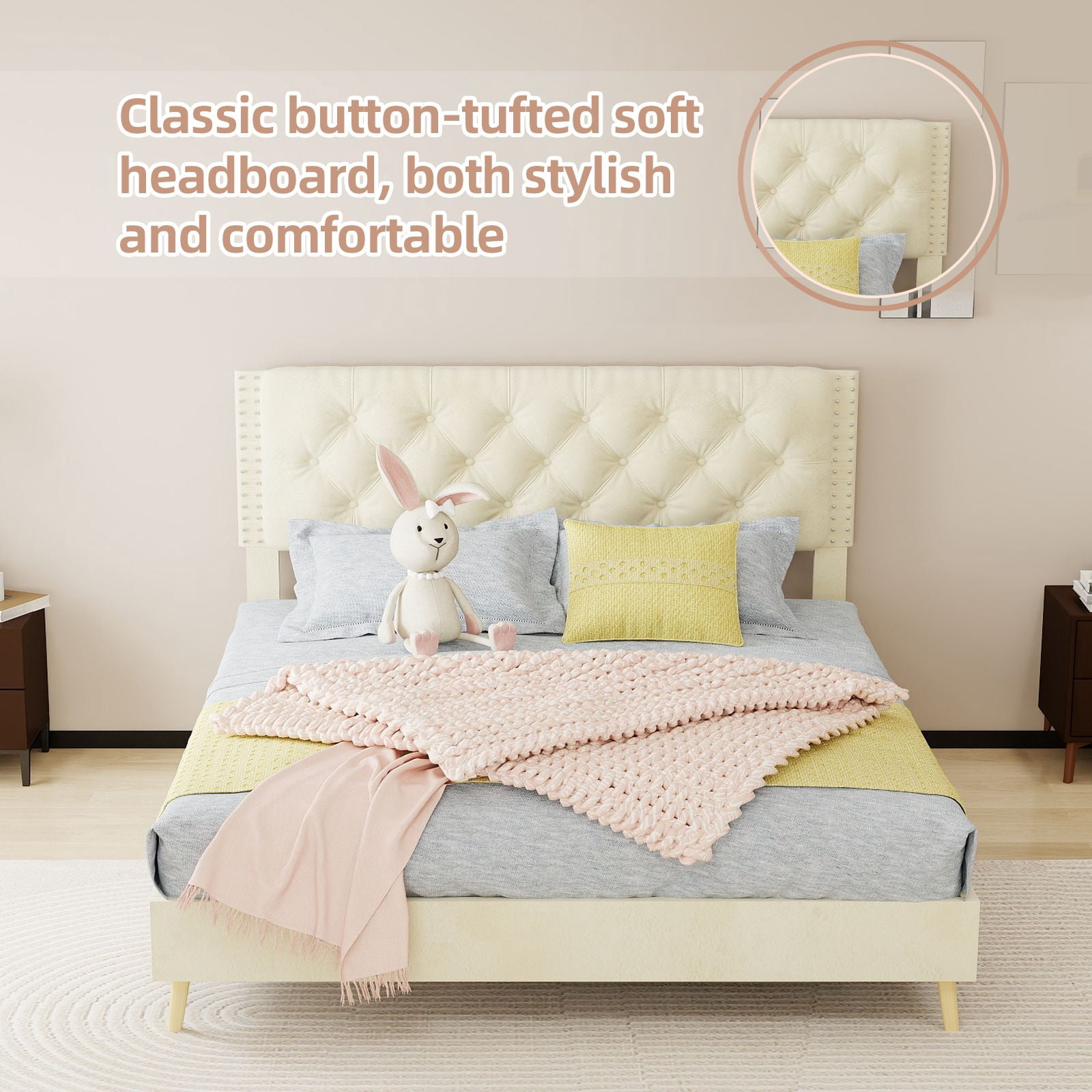 Alvantor Queen Size Upholstered Bed Frame with Padded Headboard, Holland Velvet Tufted Beige