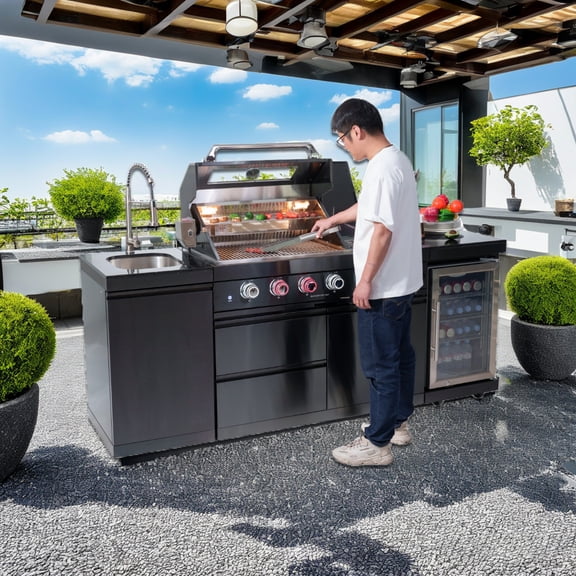 85-Inch 4-Burner 72000 BTU Deluxe Stainless Steel Gas Outdoor Kitchen Bar Barbecue Island Grill   Wine Cooler Compact Refrigerator   Rotisserie kit   Granite Countertops   Stainless steel Sink