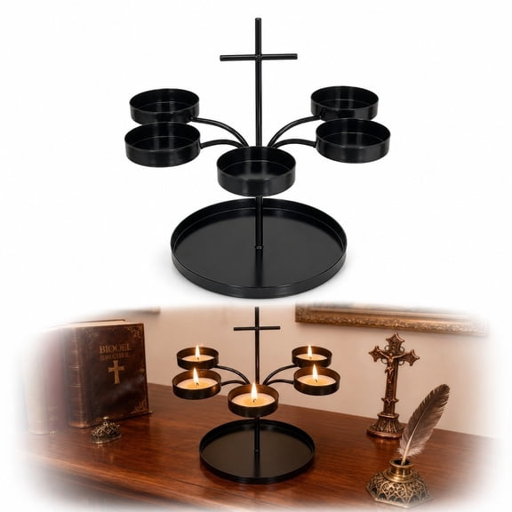 Black Iron Candelabra Centerpiece, 5-Candle Tree Shape Metal Candle Holder for Gothic Halloween Table Dining Room Decor
