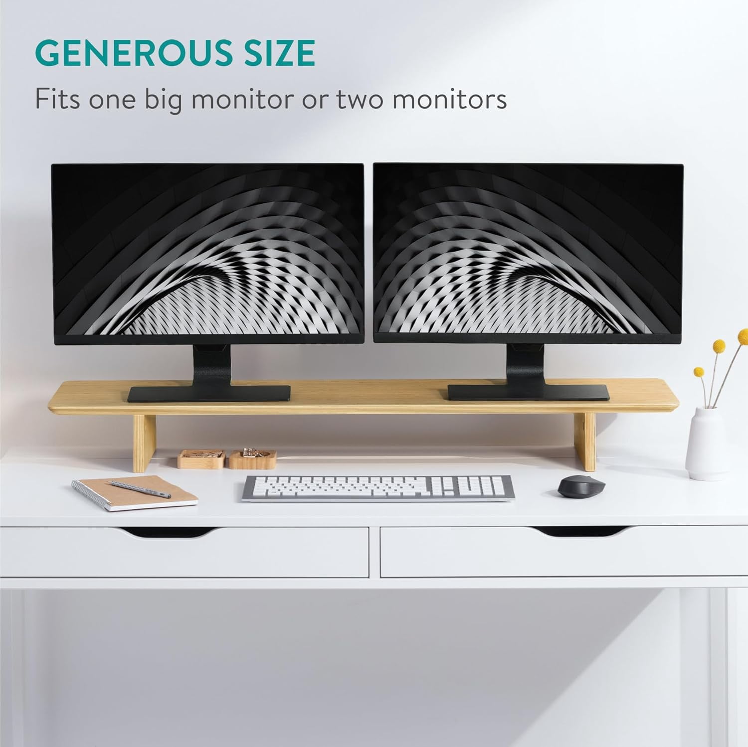 Dual Monitor Stand Riser - Real Wood Double Width Desk Shelf for Holding 2 Computer Screens -