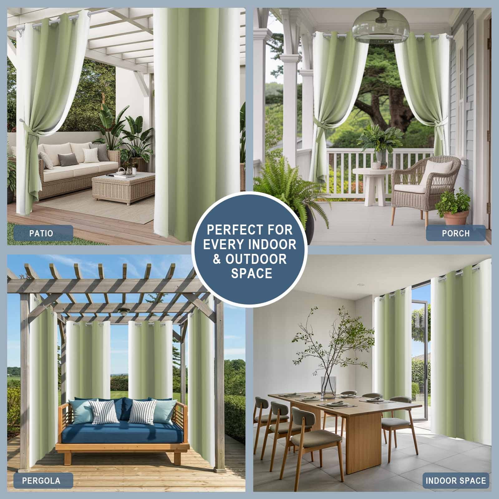 Abstract Green Gradient Outdoor Curtains for Patio, White and Sage Green Highlight Ombre Sunshade Privacy Drapes Grommet Waterproof Outside Curtains for Porch/Cabana/Balcony 54"x 108", 1 Panel