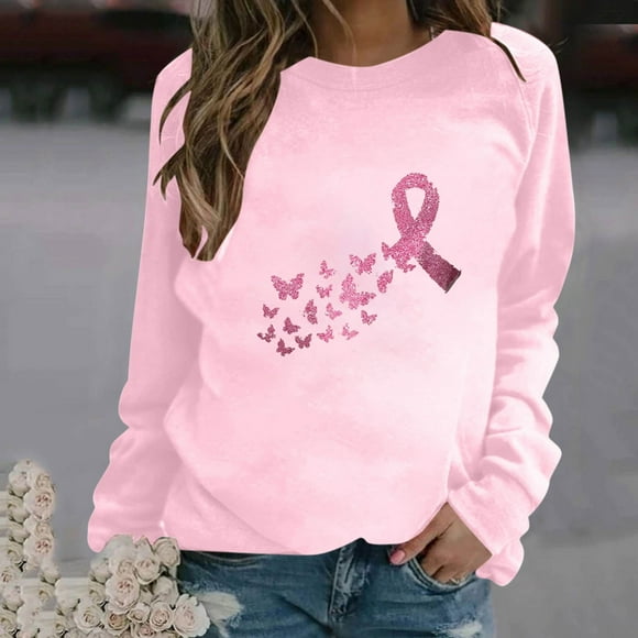 Jsaierl Breast Cancer Shirts for Women Pink Ribbon Graphic Tees Trendy Long Sleeve Tops Dressy Casual Tunic Blouses In October We Wear Pink T Shirts