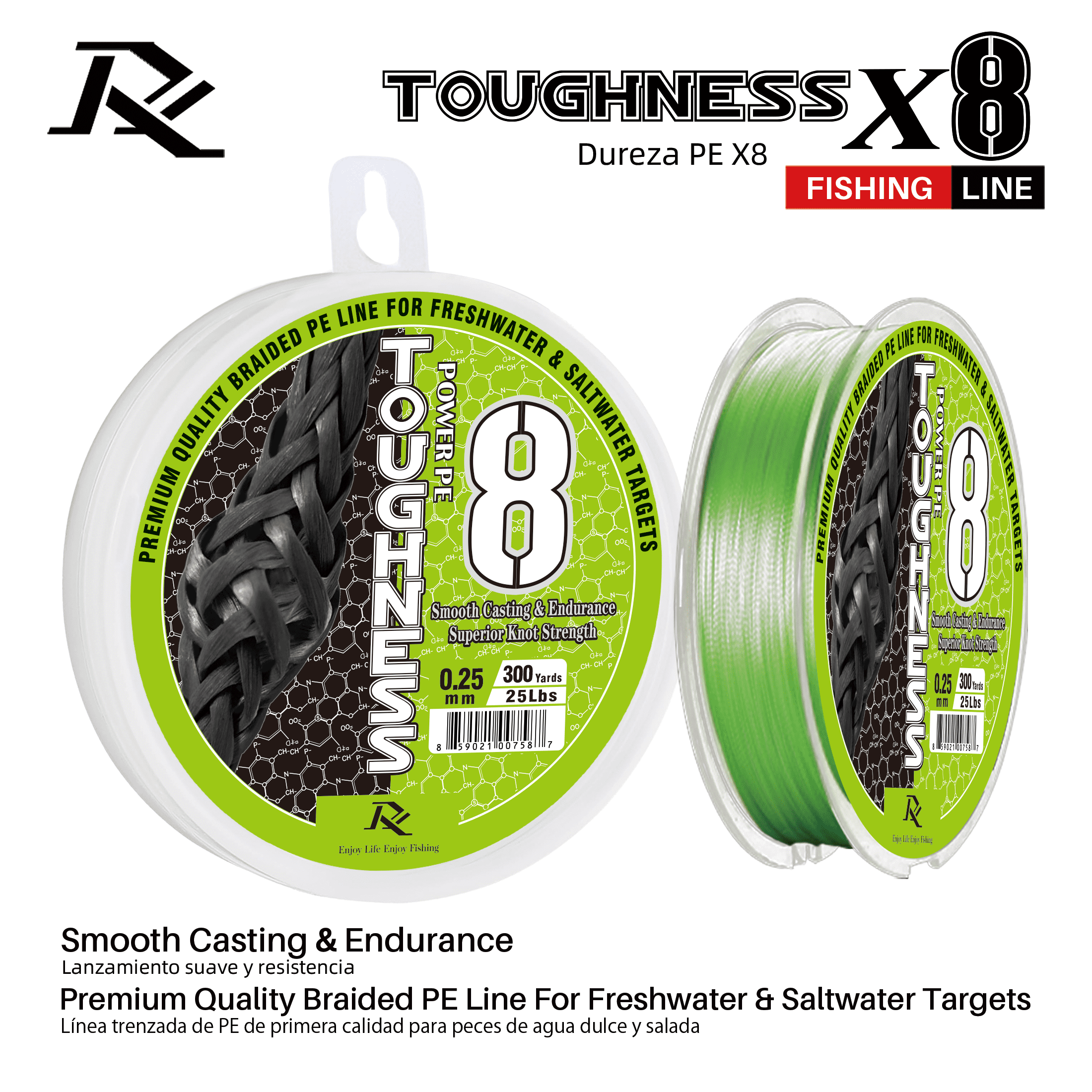 Ray Fishing Toughness 8 Strands Braided Fishing Line - CAST FURTHER & LASTS LONGER – Greater abrasion resistance – Strong knot strength – Smaller Diameter – Fresh and salty (Lime Green, 0.25mm-25Lbs）
