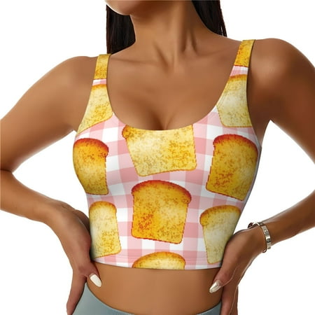 Adobk Tasty Toasts Print Sports Bras for Women Longline Workout Crop Tank Tops Padded with Built in Shelf Padded Sports Bra-Small