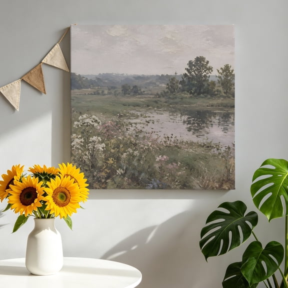 Meadow Wildflowers Canvas Wall Art, Nostalgic River Trees Serene Countryside Framed Picture Canvas Wall Art Print Decor Artwork Decorations for Living Room Bedroom Ready to Hang 12" x 12"