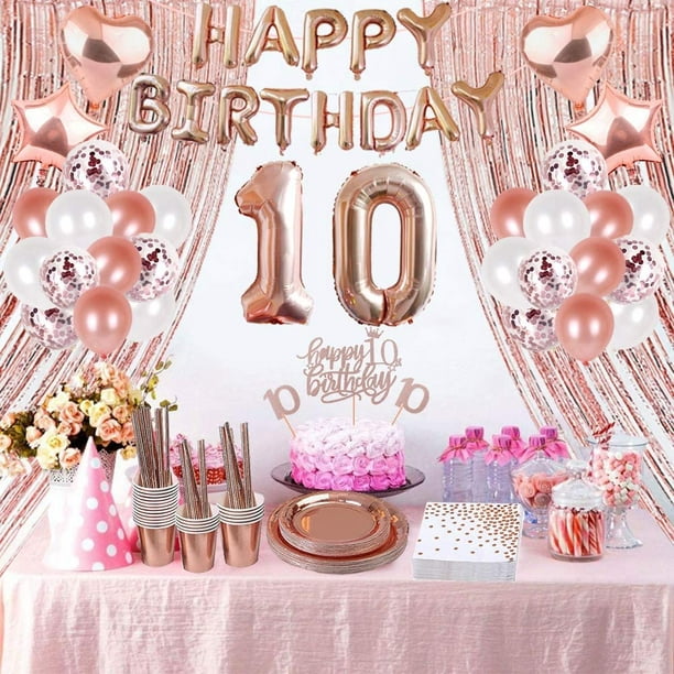 HTOOQ Décorations de 10e anniversaire pour filles, fournitures de fête d' anniversaire en or rose de 10 ans, bannière de joyeux anniversaire, chemin  de table, rideaux à franges, décoration de gâteau, assiettes, tasses