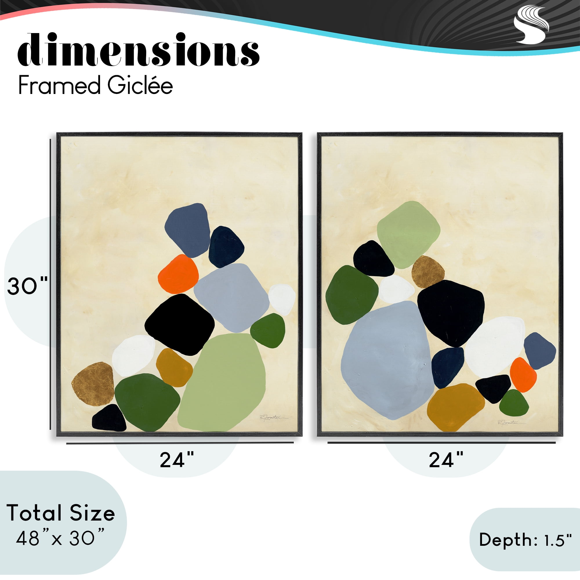 Stupell Industries Curved Clusters of Pebbles 2 Piece Black Framed Giclee Art Set, design by Ruth Fromstein