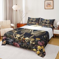 Manfei Couple Skull Skeleton Full Size Sheets, Bohemian Flower Floral Bed Sheets, Romantic Anniversary Sheet Sets, Lightweight Room Decor, 4-Piece