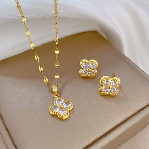 New 2026 Luxury Cute Four-Leaf Flower Pendant Necklaces For Women 18K Gold Plated Stud Earrings Zircon Clavicle Chain Jewelry Set Decoration Accessories Trendy Best Gift