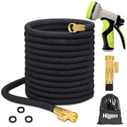 Higen 100ft Upgraded Garden Hose Set, Extra Strength Fabric Triple Layer Latex Core, 3/4" Solid Brass Fittings, 9 Function Spray Nozzle with Storage Bag, Premium No-Kink Flexible Wate