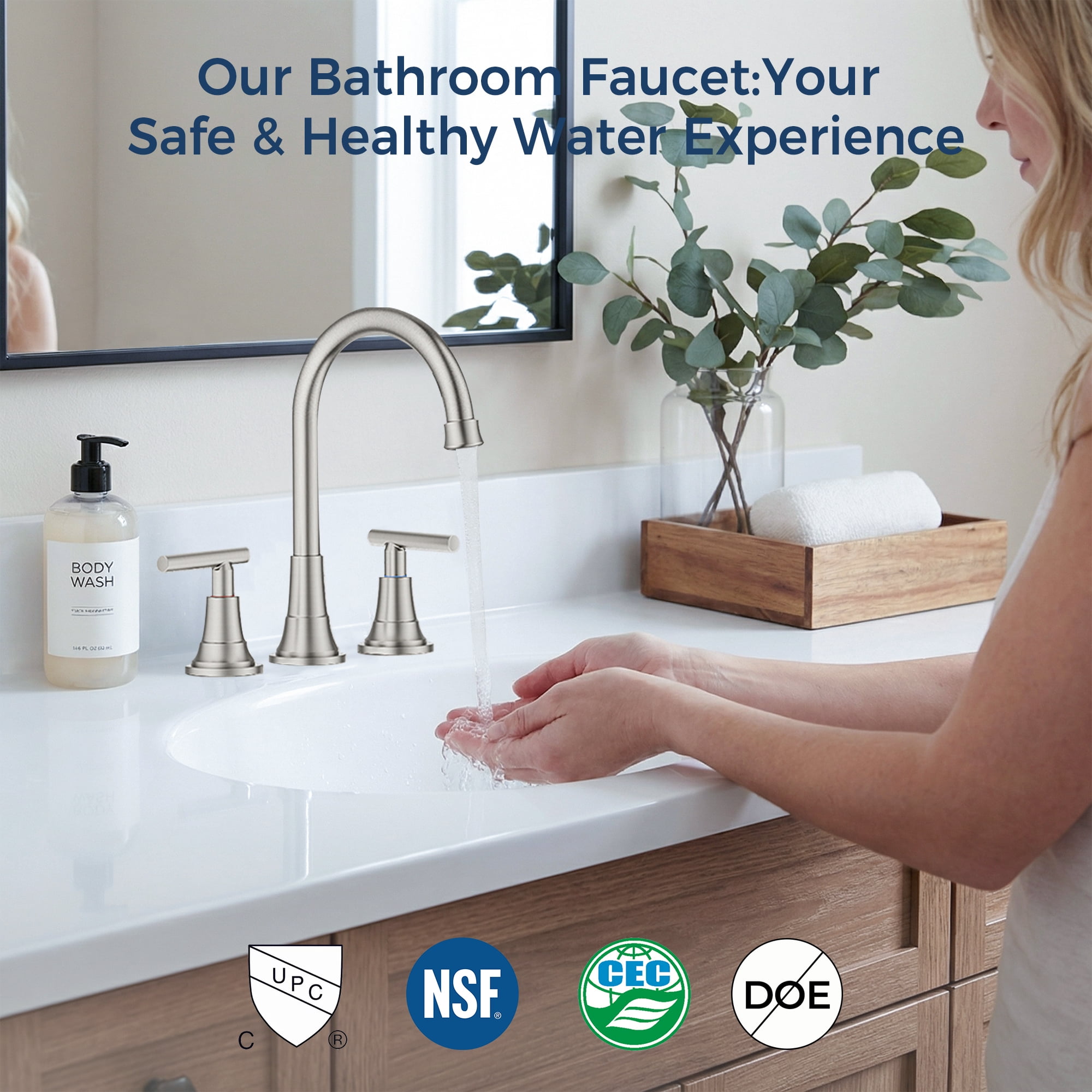 TVOFEK 8 inch Widespread Bathroom Sink Faucet 3 Hole with Pop up Drain and cUPC Hose, 2 Handle Brushed Nickel Vanity Faucet with 360° Spout for Restroom, RV, Bar