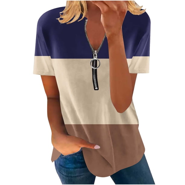 Blusa informal elegante de manga corta con cremallera y cuello redondo para mujer OAVQHLG3B Store lin121212