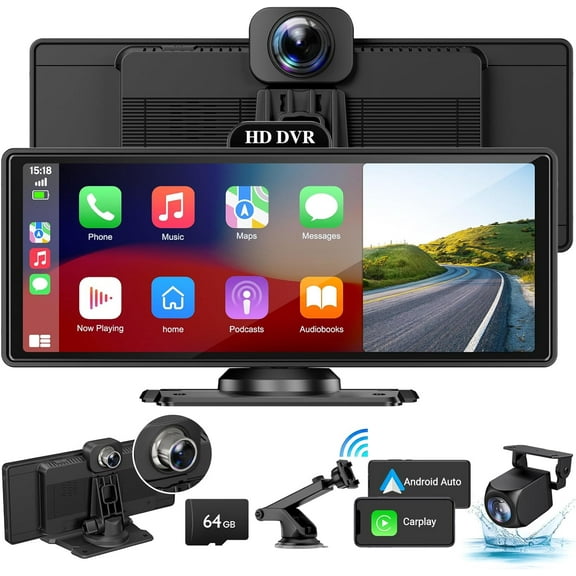 Wireless Apple Carplay Screen for Car with 4K Dash Cam, 10.26" Portable Apple Carplay & Android Auto, Car Stereo with 1080p Backup Camera, Voice Control/Mirror Link/GPS Navigation/BT, Black