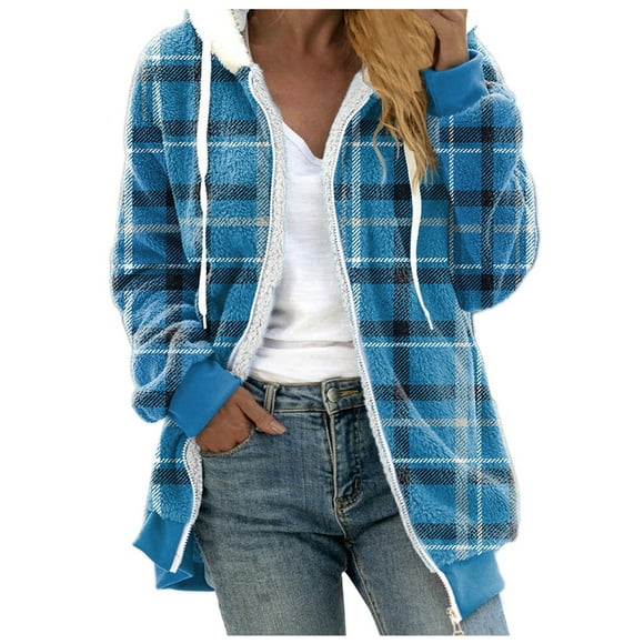 Winter Coat Plush Warm Hoodies for Womens Winter Fleece Sweatshirt Full Zip Up Jackets Thick Sherpa Lined Coats Plaid Print Tops Chaquetas de Mujer de Vestir