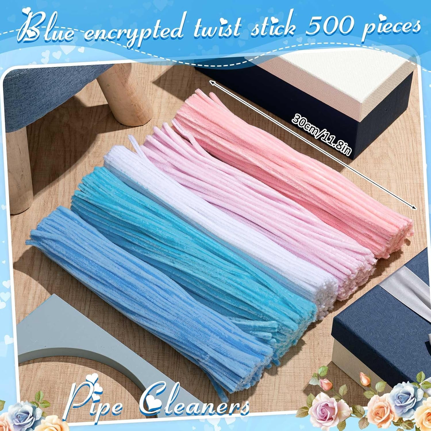 EP 500 Pieces Pipe Cleaners Chenille Stems for Flowers Craft Supplies Bulk Fluffy Fuzzy Sticks for DIY Art Projects Creative Gift Wrapping Party Decorations (Blue & Pink Flower,12 Inch)