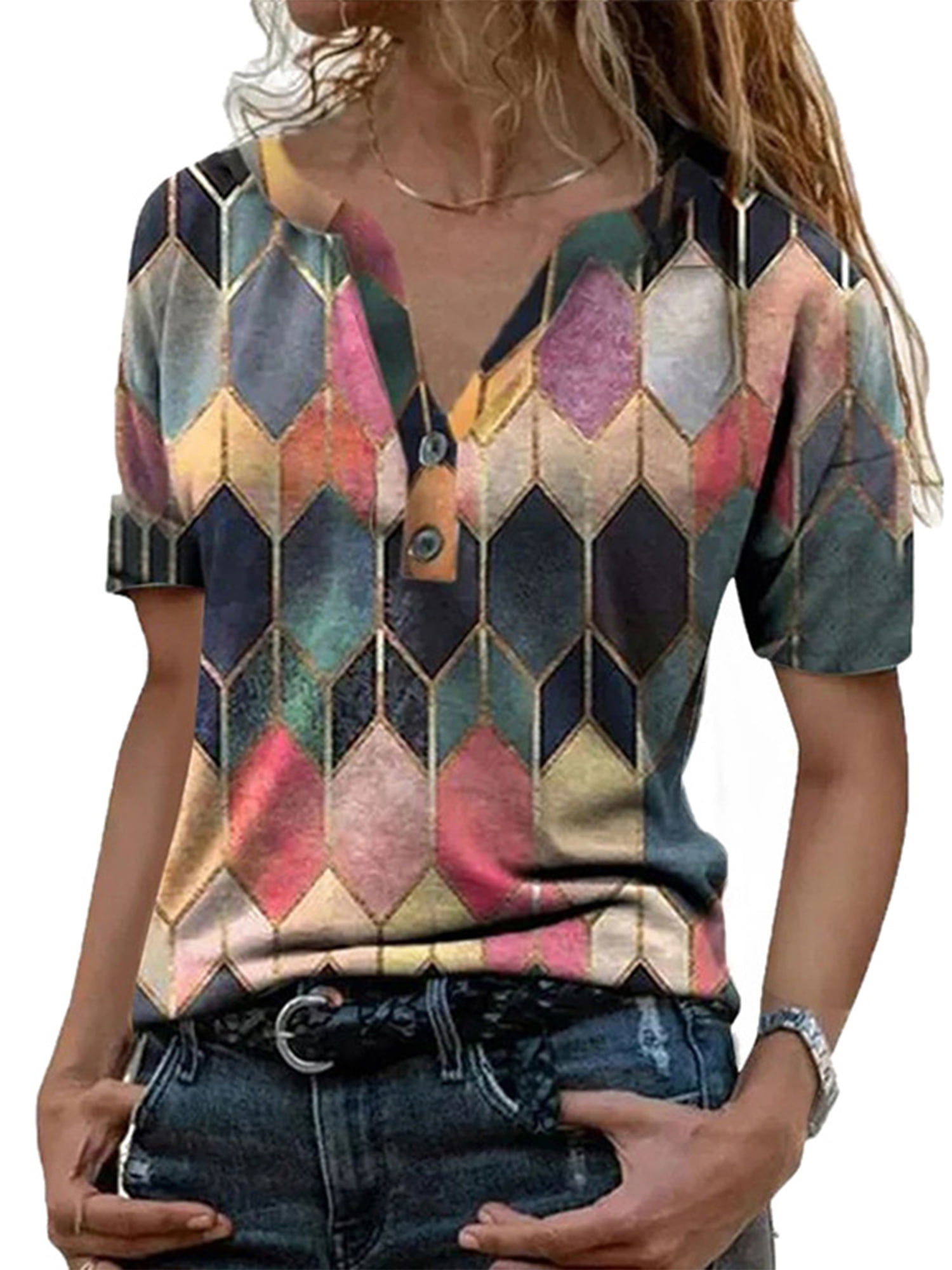 Womens Summer Geometric Print Zipper Short Sleeve Casual Blouse T-Shirt Pullover Henley Shirt Women V Neck Tee Shirts 