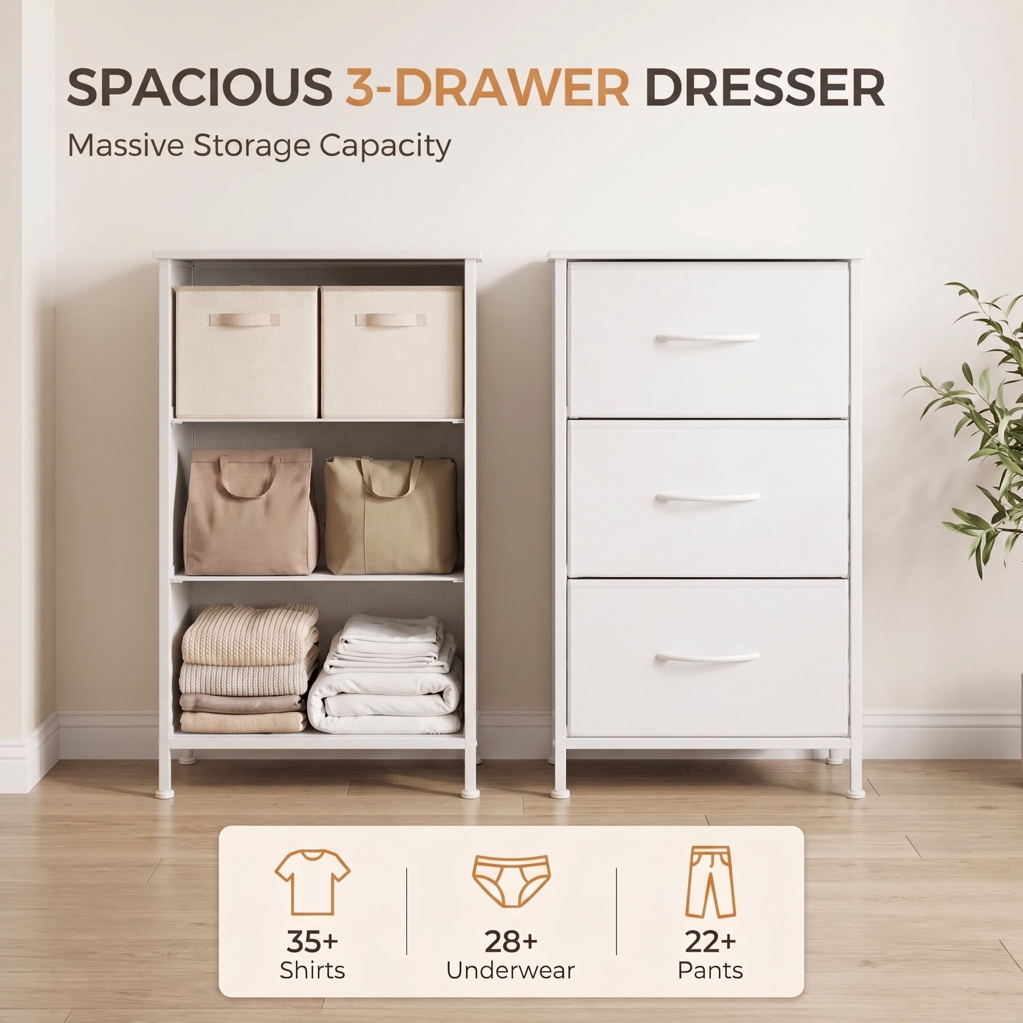 TrumanPick Fabric Storage Drawer Bedroom Dresser, Fabric Dresser for Closet, 3 Fabric Dresser with 3 Storage Drawers for Clothes, Living Room, Hallway, Entryway, White
