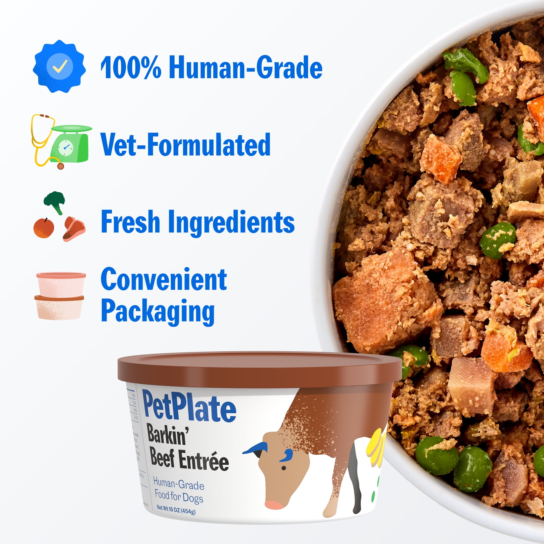 PetPlate Human-Grade Beef Entrée, Fresh Grain-Free Dog Food, All Life Stages, Frozen, 16oz