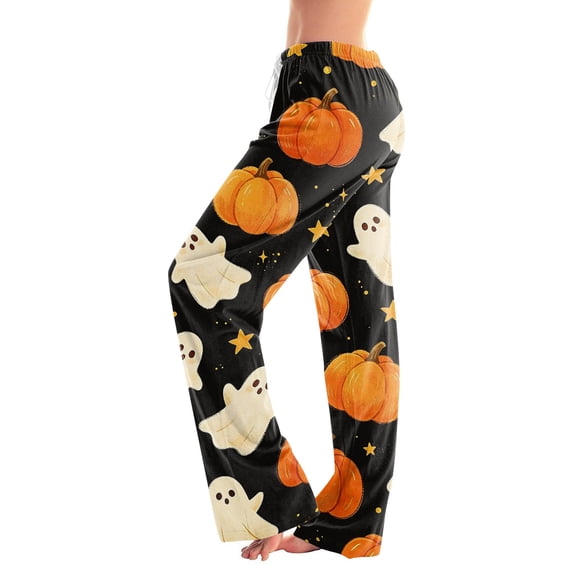 Halloween Pajama Pants for Women Casual Drawstring Elastic Waist Sleepwear Pant Pumpkin Print Graphic Straight Leg Loungewear Bottoms